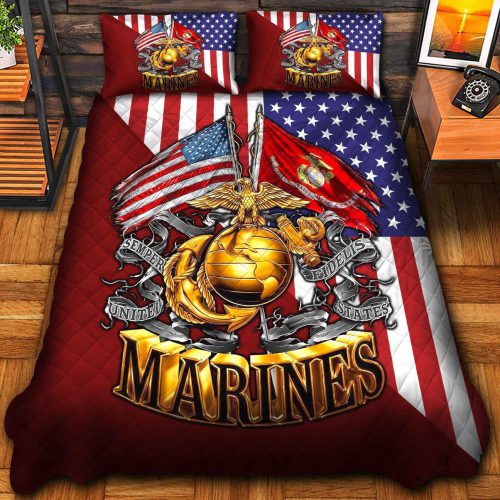 Premium US Marines Veterans Quilt Bedding Set, Gifts For US Veterans, Gifts For Veterans Day